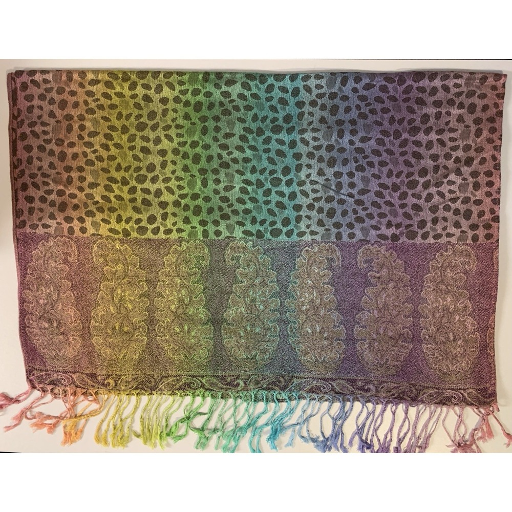 Y2K Rainbow Cheetah Print Cashmere Pashmina Scarf Paisley Fringe Dopamine Boho